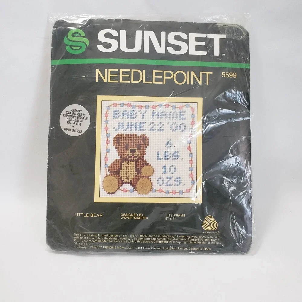 Little Bear Baby Birth Record Vintage Needlepoint Kit Sunset 5x5